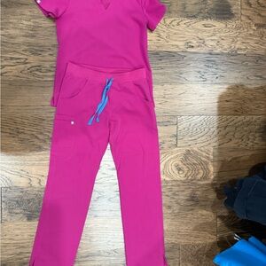 Pink Scrub Set with Blue Drawstring